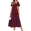 imagePRETTYGARDEN Summer Dresses for Women 2026 Boho Swiss Dot Smocked Square Neck Short Sleeve Spring Wedding Guest Maxi DressWine Red