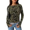 imagePRETTYGARDEN Women Long Sleeve Floral Mesh Tops Blouse 2026 Fall Trendy Boat Neck Ruched Spring Shirt Going Out Date OutfitsArmy Green