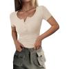 imagePRETTYGARDEN Womens 2026 Fall Summer Short Sleeve Tops Ribbed Henley Button Slim Fit Basic Casual T Shirts Blouse ClothingBeige
