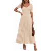 imagePRETTYGARDEN Womens 2026 Spring Midi Sweater Dresses Elegant Pleated Ribbed Knit Short Sleeve V Neck A Line Summer OutfitsBeige