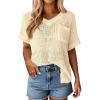 imagePRETTYGARDEN Womens 2026 Spring Short Sleeve Sweaters Lightweight V Neck Casual Going Out Summer Tops Beach Vacation ClothesBeige