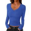 imagePRETTYGARDEN Womens Long Sleeve T Shirts 2025 Fall Trendy Deep V Neck Slim Fit Basic Crop Tops Casual Going Out TopBlue