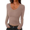 imagePRETTYGARDEN Womens Long Sleeve T Shirts 2025 Fall Trendy Deep V Neck Slim Fit Basic Crop Tops Casual Going Out TopCoffee