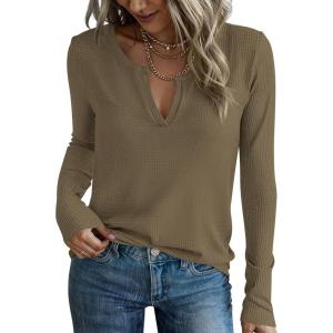 imagePRETTYGARDEN Long Sleeve Shirts for Women 2025 Fall V Neck Waffle Basic Tee Dressy Casual Winter Blouses Knit Tunic TopsArmy Green