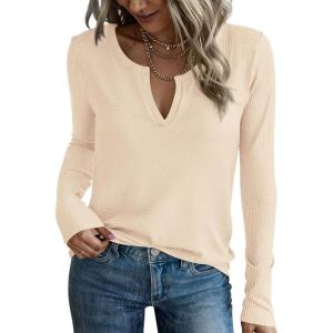 imagePRETTYGARDEN Long Sleeve Shirts for Women 2025 Fall V Neck Waffle Basic Tee Dressy Casual Winter Blouses Knit Tunic TopsBeige