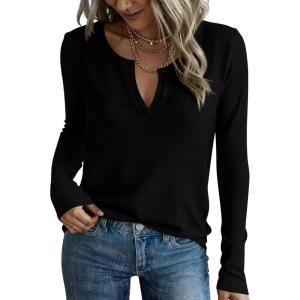 imagePRETTYGARDEN Long Sleeve Shirts for Women 2025 Fall V Neck Waffle Basic Tee Dressy Casual Winter Blouses Knit Tunic TopsBlack