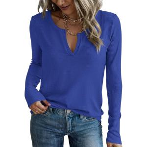 imagePRETTYGARDEN Long Sleeve Shirts for Women 2025 Fall V Neck Waffle Basic Tee Dressy Casual Winter Blouses Knit Tunic TopsBlue