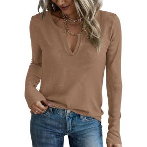 imagePRETTYGARDEN Long Sleeve Shirts for Women 2025 Fall V Neck Waffle Basic Tee Dressy Casual Winter Blouses Knit Tunic TopsKhaki