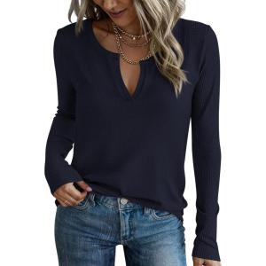 imagePRETTYGARDEN Long Sleeve Shirts for Women 2025 Fall V Neck Waffle Basic Tee Dressy Casual Winter Blouses Knit Tunic TopsNavy Blue