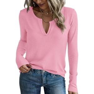 imagePRETTYGARDEN Long Sleeve Shirts for Women 2025 Fall V Neck Waffle Basic Tee Dressy Casual Winter Blouses Knit Tunic TopsPink