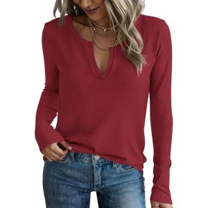 imagePRETTYGARDEN Long Sleeve Shirts for Women 2025 Fall V Neck Waffle Basic Tee Dressy Casual Winter Blouses Knit Tunic TopsWine Red