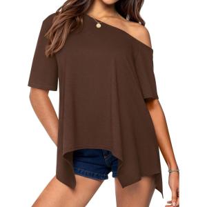 imagePRETTYGARDEN Off The Shoulder Tops for Women Summer 2026 Short Sleeve Asymmetrical Oversized Tee Shirts Casual Spring ClothesBrown