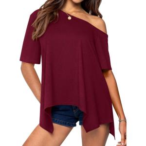 imagePRETTYGARDEN Off The Shoulder Tops for Women Summer 2026 Short Sleeve Asymmetrical Oversized Tee Shirts Casual Spring ClothesBurgundy