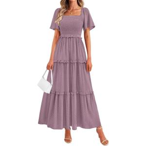imagePRETTYGARDEN Summer Dresses for Women 2026 Boho Swiss Dot Smocked Square Neck Short Sleeve Spring Wedding Guest Maxi DressPurple