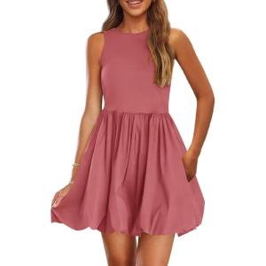 imagePRETTYGARDEN Summer Dresses for Women 2026 Casual Sleeveless Tank Mini Short Dress Crew Neck Bubble Sundress with PocketsDark Pink