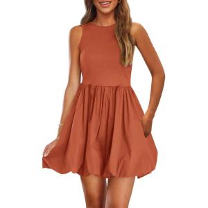 imagePRETTYGARDEN Summer Dresses for Women 2026 Casual Sleeveless Tank Mini Short Dress Crew Neck Bubble Sundress with PocketsOrange