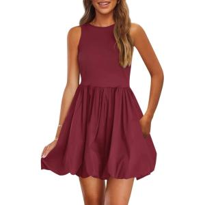 imagePRETTYGARDEN Summer Dresses for Women 2026 Casual Sleeveless Tank Mini Short Dress Crew Neck Bubble Sundress with PocketsWine Red