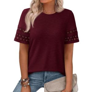 imagePRETTYGARDEN Summer Tops for Women 2026 Lace Short Sleeve TShirts Casual Blouses Spring Fashion Clothes Vacation OutfitsBurgundy