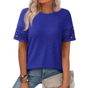 imagePRETTYGARDEN Summer Tops for Women 2026 Lace Short Sleeve TShirts Casual Blouses Spring Fashion Clothes Vacation OutfitsRoyal Blue