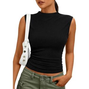 imagePRETTYGARDEN Tank Tops for Women 2026 Summer Mock Neck Ribbed Knit Slim Fitted Shirts Going Out Top Spring Fashion ClothesBlack