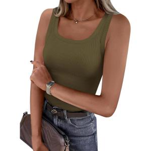 imagePRETTYGARDEN Tank Tops for Women 2026 Summer Sleeveless Scoop Neck Ribbed Tops Cute Spring Casual Fitted Basic Cami ShirtsArmy Green
