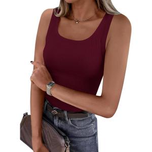 imagePRETTYGARDEN Tank Tops for Women 2026 Summer Sleeveless Scoop Neck Ribbed Tops Cute Spring Casual Fitted Basic Cami ShirtsBurgundy