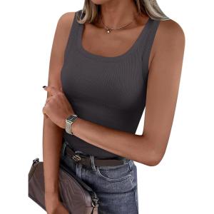 imagePRETTYGARDEN Tank Tops for Women 2026 Summer Sleeveless Scoop Neck Ribbed Tops Cute Spring Casual Fitted Basic Cami ShirtsDark Grey