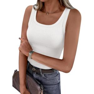 imagePRETTYGARDEN Tank Tops for Women 2026 Summer Sleeveless Scoop Neck Ribbed Tops Cute Spring Casual Fitted Basic Cami ShirtsWhite