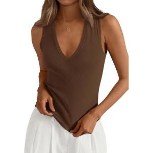 imagePRETTYGARDEN V Neck Tank Tops for Women Summer Outfits 2026 Ribbed Knit Shirts Casual Basic Tees Sleeveless Camisole VestBrown