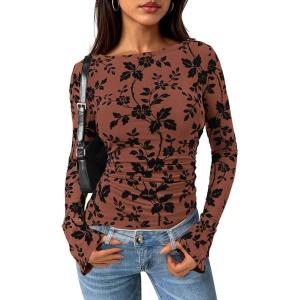 imagePRETTYGARDEN Women Long Sleeve Floral Mesh Tops Blouse 2026 Fall Trendy Boat Neck Ruched Spring Shirt Going Out Date OutfitsBrown