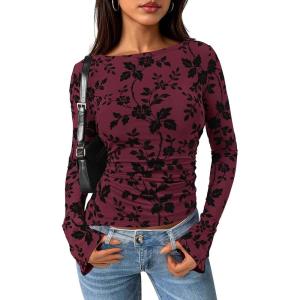 imagePRETTYGARDEN Women Long Sleeve Floral Mesh Tops Blouse 2026 Fall Trendy Boat Neck Ruched Spring Shirt Going Out Date OutfitsBurgundy