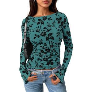 imagePRETTYGARDEN Women Long Sleeve Floral Mesh Tops Blouse 2026 Fall Trendy Boat Neck Ruched Spring Shirt Going Out Date OutfitsLake Blue