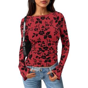 imagePRETTYGARDEN Women Long Sleeve Floral Mesh Tops Blouse 2026 Fall Trendy Boat Neck Ruched Spring Shirt Going Out Date OutfitsRed