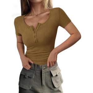 imagePRETTYGARDEN Womens 2026 Fall Summer Short Sleeve Tops Ribbed Henley Button Slim Fit Basic Casual T Shirts Blouse ClothingBrown Camel