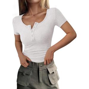 imagePRETTYGARDEN Womens 2026 Fall Summer Short Sleeve Tops Ribbed Henley Button Slim Fit Basic Casual T Shirts Blouse ClothingLight Grey