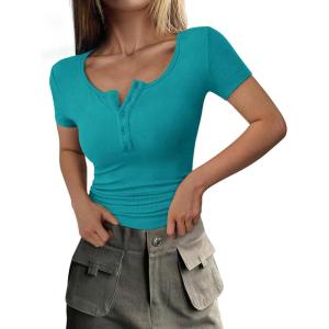 imagePRETTYGARDEN Womens 2026 Fall Summer Short Sleeve Tops Ribbed Henley Button Slim Fit Basic Casual T Shirts Blouse ClothingMalachite Green