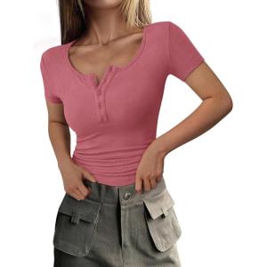 imagePRETTYGARDEN Womens 2026 Fall Summer Short Sleeve Tops Ribbed Henley Button Slim Fit Basic Casual T Shirts Blouse ClothingRose Pink