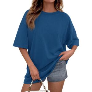 imagePRETTYGARDEN Womens 2026 Spring Going Out Tops Casual Short Sleeve Crewneck Loose Fit Basic Cute Tee Shirts Summer OutfitsBlue
