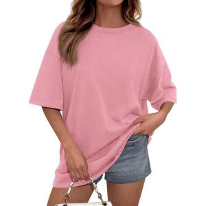 imagePRETTYGARDEN Womens 2026 Spring Going Out Tops Casual Short Sleeve Crewneck Loose Fit Basic Cute Tee Shirts Summer OutfitsPink
