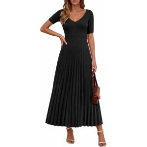 imagePRETTYGARDEN Womens 2026 Spring Midi Sweater Dresses Elegant Pleated Ribbed Knit Short Sleeve V Neck A Line Summer OutfitsBlack