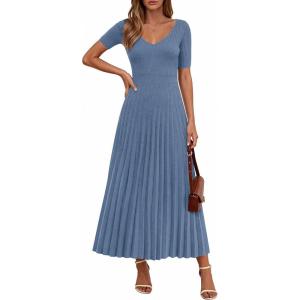 imagePRETTYGARDEN Womens 2026 Spring Midi Sweater Dresses Elegant Pleated Ribbed Knit Short Sleeve V Neck A Line Summer OutfitsDusty Blue