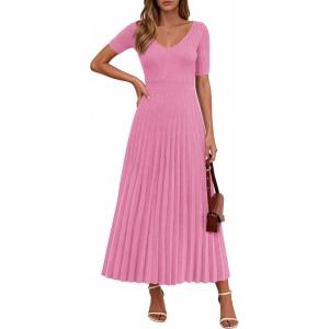 imagePRETTYGARDEN Womens 2026 Spring Midi Sweater Dresses Elegant Pleated Ribbed Knit Short Sleeve V Neck A Line Summer OutfitsPink