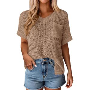 imagePRETTYGARDEN Womens 2026 Spring Short Sleeve Sweaters Lightweight V Neck Casual Going Out Summer Tops Beach Vacation ClothesKhaki