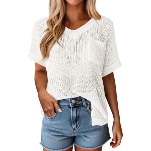 imagePRETTYGARDEN Womens 2026 Spring Short Sleeve Sweaters Lightweight V Neck Casual Going Out Summer Tops Beach Vacation ClothesWhite