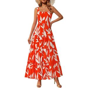 imagePRETTYGARDEN Womens 2026 Summer Floral Maxi Dress Sleeveless Smocked Ruffle Long Flowy Beach Vacation Boho SundressesFloral Orange Beige