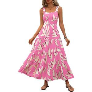 imagePRETTYGARDEN Womens 2026 Summer Floral Maxi Dress Sleeveless Smocked Ruffle Long Flowy Beach Vacation Boho SundressesFloral Pink Beige