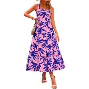 imagePRETTYGARDEN Womens 2026 Summer Floral Maxi Dress Sleeveless Smocked Ruffle Long Flowy Beach Vacation Boho SundressesFloral Pink Blue