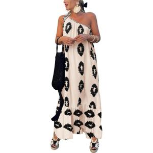 imagePRETTYGARDEN Womens 2026 Summer One Shoulder Maxi Dress Printed Flowy Boho Long Sundresses Spring Beach Vacation ClothesBeige Black Floral