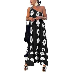 imagePRETTYGARDEN Womens 2026 Summer One Shoulder Maxi Dress Printed Flowy Boho Long Sundresses Spring Beach Vacation ClothesBlack White Floral