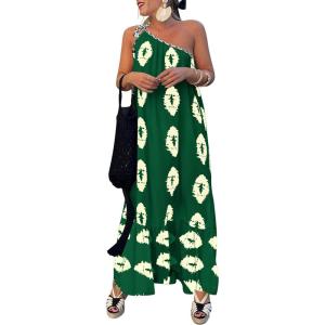 imagePRETTYGARDEN Womens 2026 Summer One Shoulder Maxi Dress Printed Flowy Boho Long Sundresses Spring Beach Vacation ClothesDark Green Apricot Floral